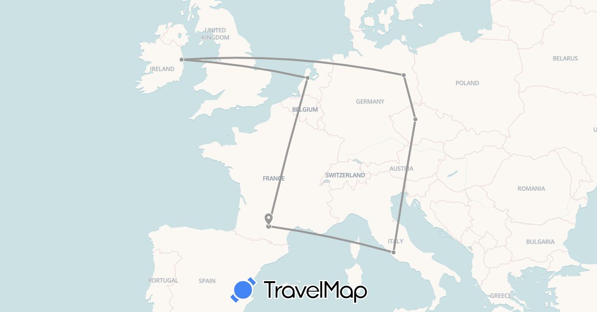 TravelMap itinerary: driving, plane in Czech Republic, Germany, France, Ireland, Italy, Netherlands (Europe)